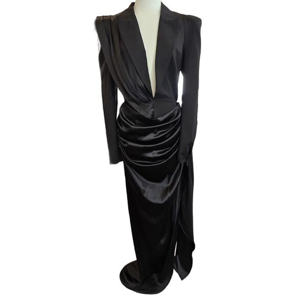 NWT Yris Black Maxi Deep Plunge Drape Dress Sz. Large - Picture 3 of 11